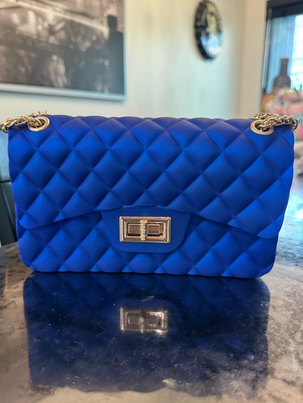 Quilted Blue Chain Shoulder Bag with Gold Hardware